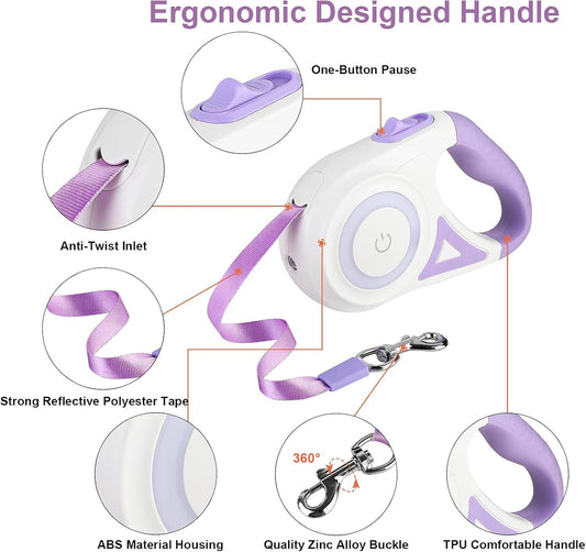 LED Retractable Dog Leash – 16ft with Flashlight & Waste Bag Dispenser